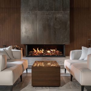 Fancy,modern,room,with,a,burning,fireplace,,wooden,wall,and